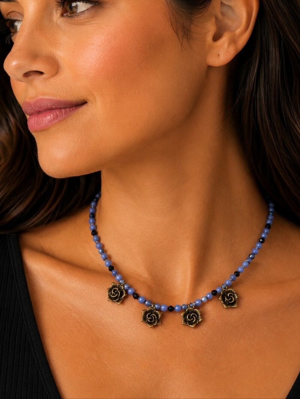HANDMADE Rose Charm Glass Blue Shell Pearl Beaded Collar Necklace